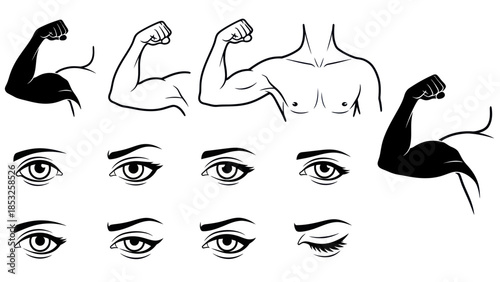 Muscular arm and eye illustrations in black and white vector set