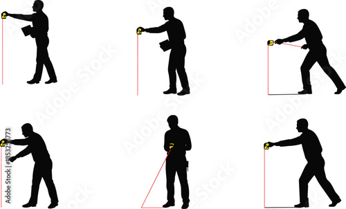 Tape measure silhouette, construction posture, measurement technique, red line extension, clipboard holding, carpentry skill, tool usage, horizontal reach, vertical check, instructional pose