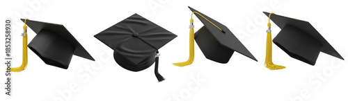 graduation caps, black academic mortarboards with gold tassels, university degree hats, school commencement ceremony gear, isolated white background, set, mockup