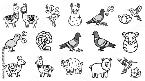 Set of various animals and birds silhouettes in black and white