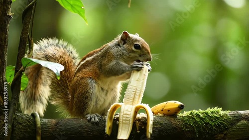 Close-up of a small striped squirrel eating a peeled banana in a lush green forest setting