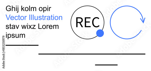 Content creation, media recording, interface design, workflow processes, looping actions, UI concepts. Rec button, circular arrow and text elements. Content creation and media recording focus