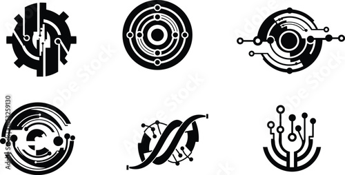 Tech symbol icons, futuristic design, circuit pattern, neural network, digital interface, black illustration, abstract emblem, cyber concept, data art