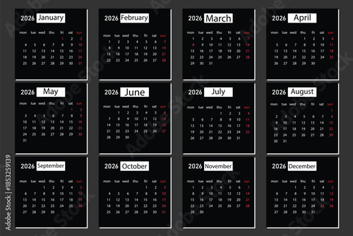 2026 Creative minimal business monthly Calendar template vector. Desk, wall calendar for print, digital calendar or planner. Week start on Monday. Simple modern annual calendar layout design elements.