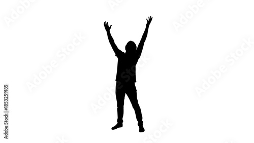 Silhouette of person with arms raised upwards on white background