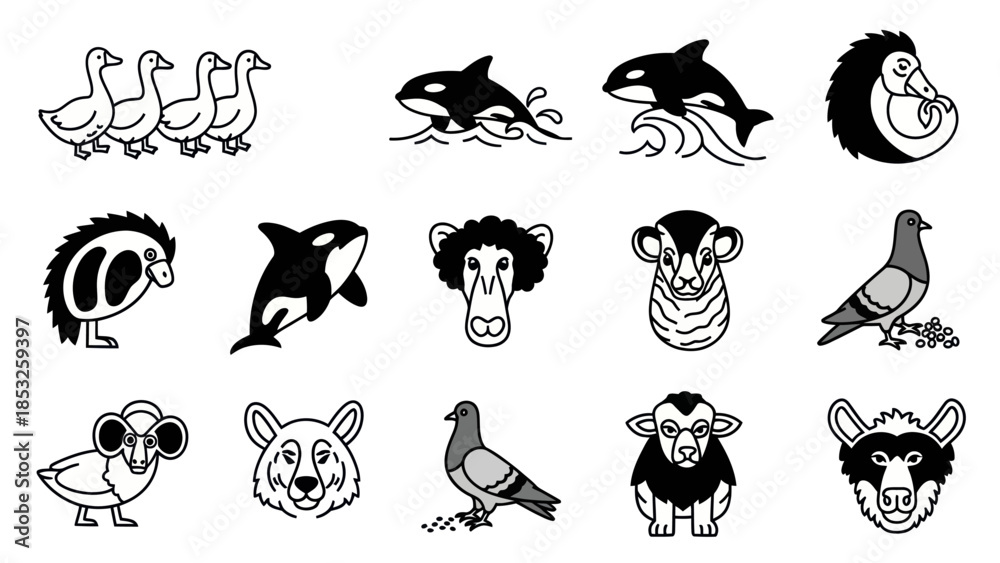 Obraz premium Set of various animals in simple black and white line art style