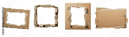 torn cardboard frames, ripped brown paper borders, hole in box, corrugated paper texture, isolated white background, rough edges, kraft paper window, template
