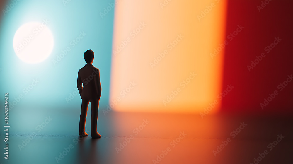 Obraz premium A lone figure stands poised on the edge of possibility. Illuminated by gradients of color, he looks forward, an icon of ambition and the courage to pursue uncharted paths.