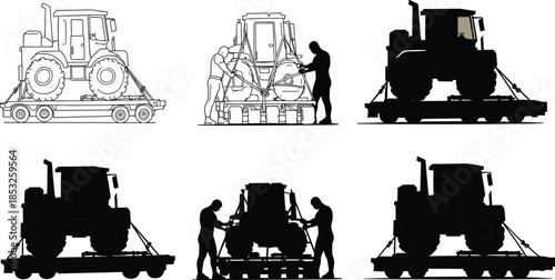 Tractor tie down silhouette on flatbed trailer, heavy machinery transport safety, rear view securing straps, logistics preparation sequence