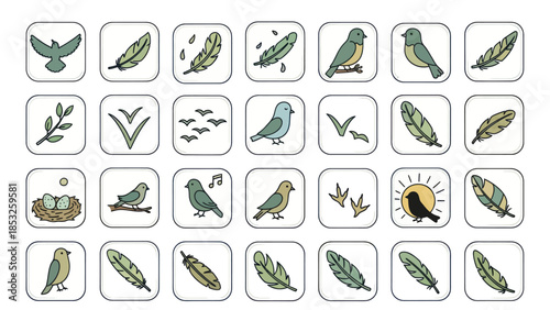 Set of bird and feather icons in green and yellow tones isolated design