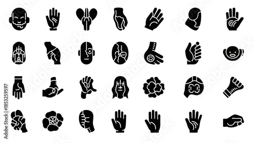 Set of human body parts and abstract icons in bold black color