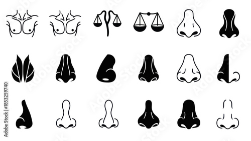 Set of human body parts and comparison icons in black and white style