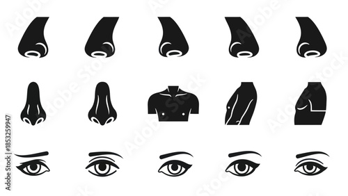 Set of human body parts and facial features in minimalist monochrome style