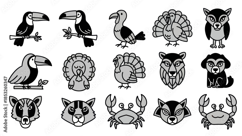 Obraz premium Set of black and white cartoon animals and birds illustrations on white