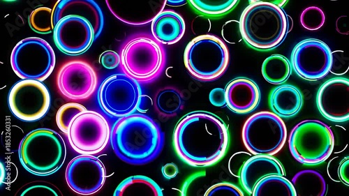 Dynamic abstract background featuring multicolored glowing neon circles pulsing and moving randomly against a dark backdrop for a futuristic look