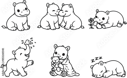 Whimsical Hippo Sketches: A collection of adorable baby hippos in various playful poses, exuding charm and cuteness, rendered in simple, endearing line art.