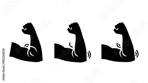 Three black arm icons flexing muscles isolated on white background