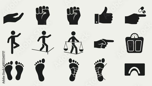 Set of black and white vector icons illustrating various concepts