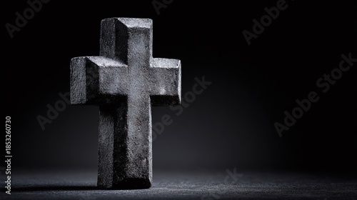A stone cross standing on a dark surface against a black background. The cross is rugged, textured and geometric. Symbol of faith, religion and strength against darkness.