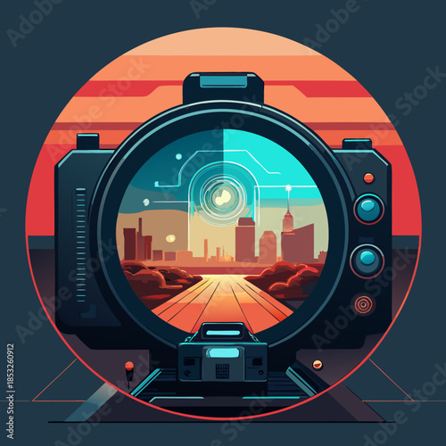 Futuristic camera lens viewing a digital cityscape representing technology and urban exploration perfect for tech concepts and modern design