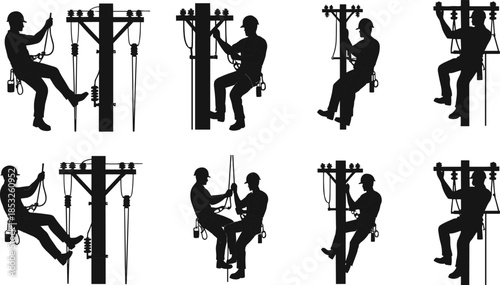 Utility pole worker silhouettes, electrical maintenance, safety gear, climbing equipment, telecommunications repair, industrial labor, helmeted technicians, infrastructure service, skilled linemen