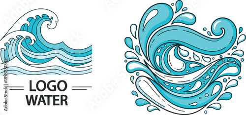 Water logo icons, wave design, splash illustration, black outline, aquatic symbol, fluid motion, nature branding, ocean concept, clean emblem
