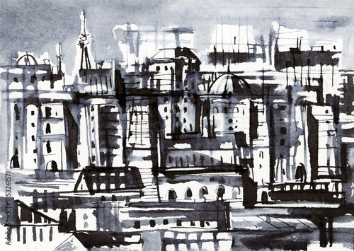 Panorama of a modern city. An ink sketch.