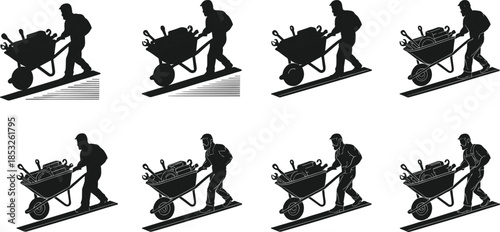 Wheelbarrow silhouette, manual labor, tool transport, motion study, terrain variation, construction effort, worker pushing, ergonomic movement, animation frame, work sequence