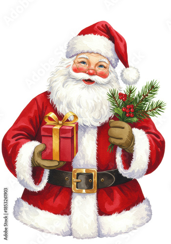 Jolly santa claus watercolor illustration, crimson velvet suit, presenting a red gift box and fir sprig, fluffy beard, isolated on brilliant white, soft holiday cheer concept