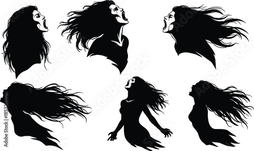 Woman Silhouettes Screaming with Flowing Hair, Emotional Poses, Black Figures, Anguish Expression, Artistic Drama, Wind Motion, Halloween Theme, Human Emotion