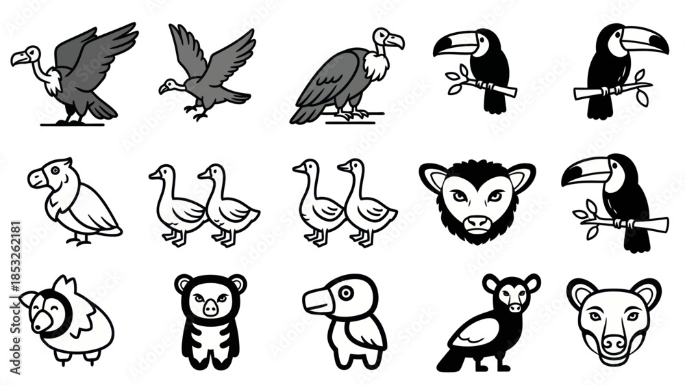 Obraz premium Variety of illustrated birds and animals in black and white outline