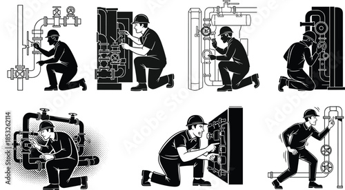 Worker Operating Industrial Valves and Gauges, Black-and-White Piping System Illustrations, Safety Gear, Inspection, Maintenance, Mechanical Engineering, Manual Labor, Utility Control
