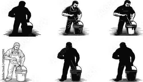 Worker silhouette, bucket stirring, mixing tool, construction action, overalls figure, shading styles, illustration comparison, manual labor, artistic render, visual technique