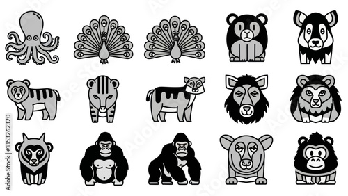 Stylized animal icons set octopus peacock bear tiger cow ape monkey