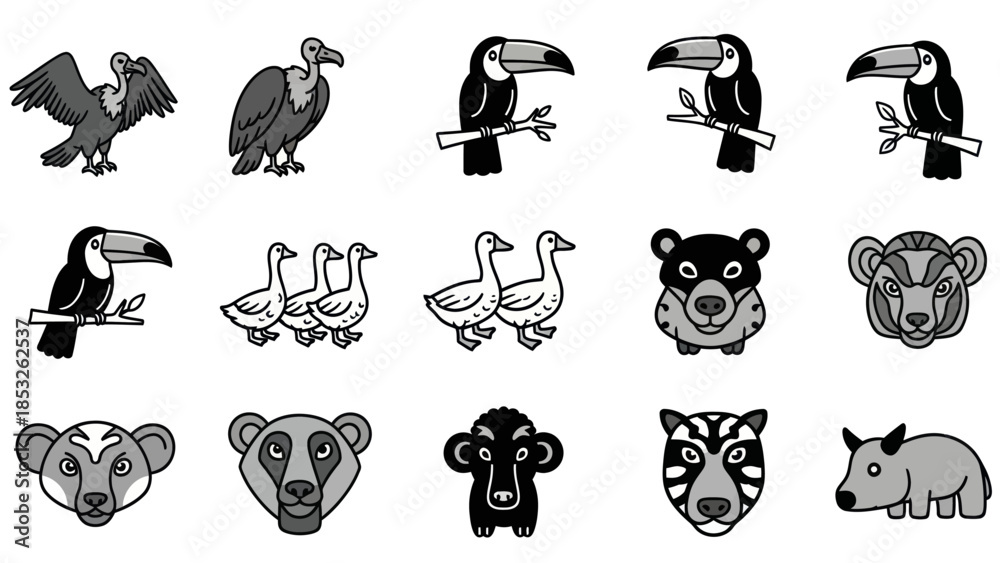 Obraz premium Variety of vectorized birds and animals in simple black and white style