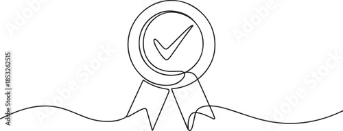 Award badge continuous line art drawn. Approval check sign. Certificate contour line. one line Art icon drawing