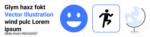 Digital design, global , happiness, movement, sports, earth-related concepts. Features a blue happy face, a running person icon and a globe image. global themes and movement dynamics