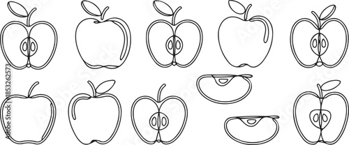 Line apple set. Sketch sliced apples collection. Hand-drawn slices, whole and half linear fruits. one line Art icon drawing