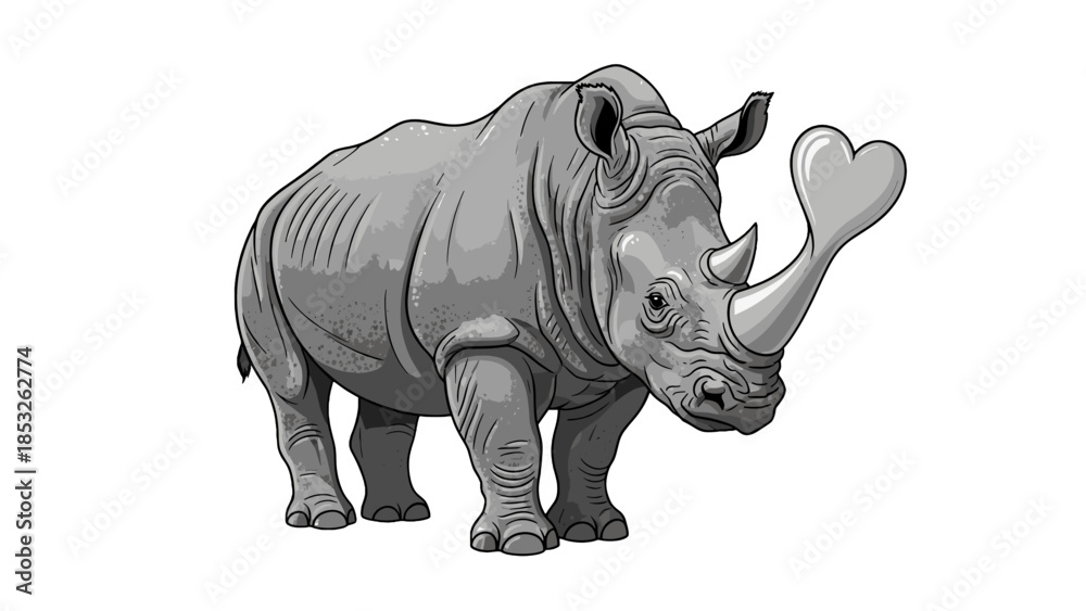 Fototapeta premium Rhino with heartshaped horn, black and white drawing