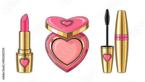 Set of three pink and gold heartshaped makeup items lipstick, blush compact, and mascara, vector illustration