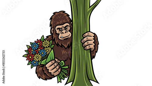 Funny bigfoot or sasquatch peeking from behind a tree trunk holding a colorful bouquet of flowers for a date or love