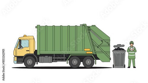 Garbage truck with sanitation worker and recycling bin illustration