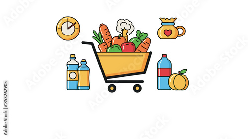 Set of grocery shopping icons including cart full of vegetables, drinks, clock, and fruit for food delivery or market concept