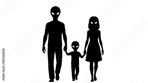 Silhouette of an alien family walking together father, mother, and child holding hands