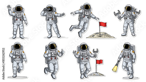 Set of eight astronauts in space suits performing various actions and poses, hand drawn style