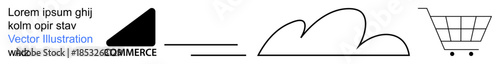 Online shopping, cloud storage, digital transactions, e-business, modern commerce, retail. Geometric shapes forming a shopping cart and cloud. Online shopping and cloud storage concepts
