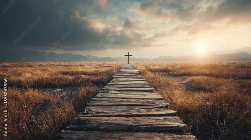 Fototapeta premium Path leading to a cross, symbolizing a spiritual journey and reflection for Good Friday. 