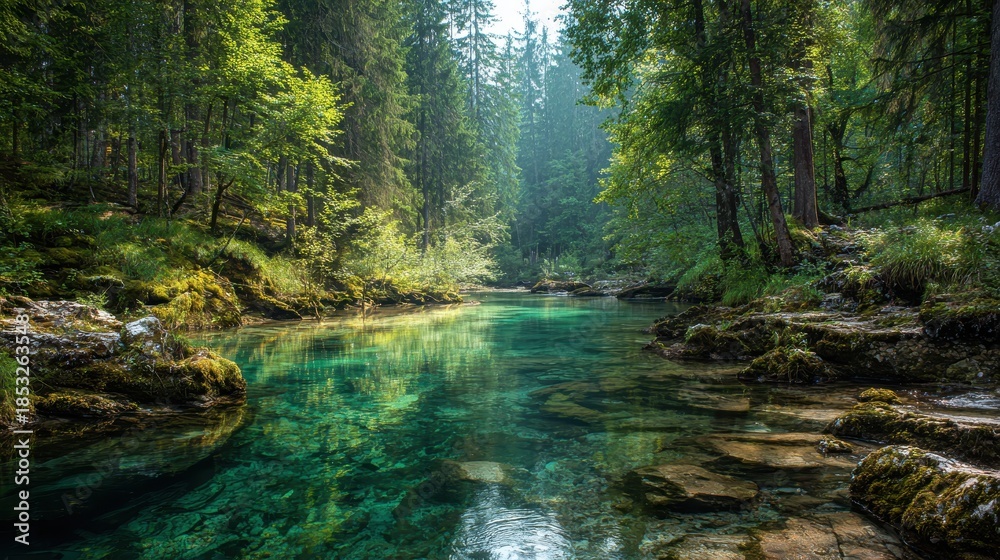 Obraz premium Calm forest beside a clear river, highlighting natural preservation and tranquil wilderness scenery. 
