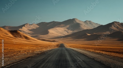 A long stretch of road goes through brown mountain landscapes under a clear blue sky during daytime. The terrain appears dry and rugged showing signs of natural land forms.