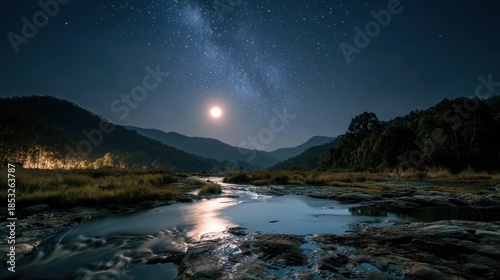 Tranquil night scene with a glowing moon above and a river flowing beneath, creating a serene and peaceful atmosphere.
